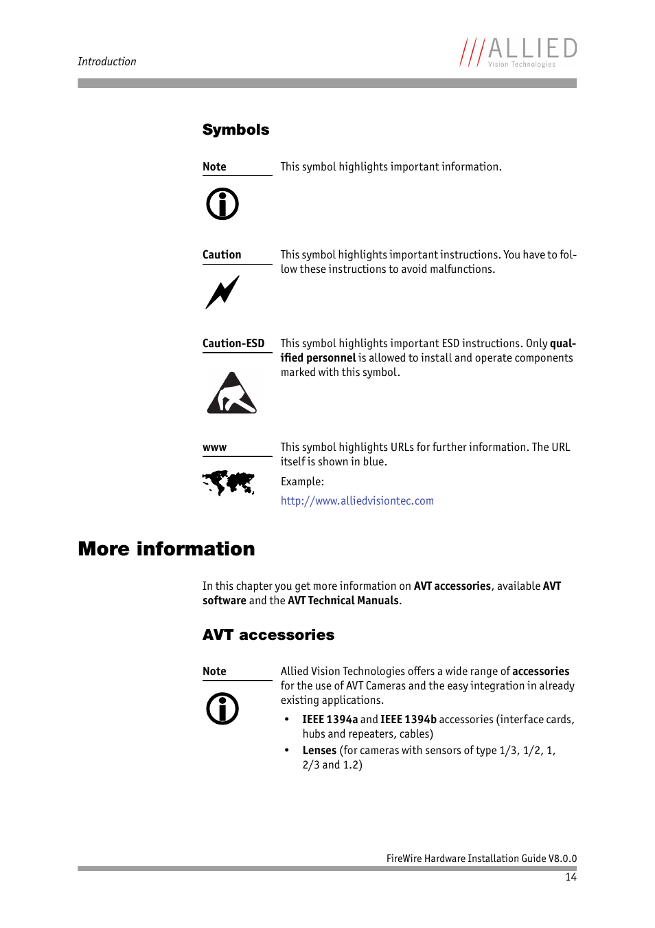 Symbols, More information, Avt accessories | ALLIED Vision Technologies Oscar F-810 User Manual | Page 14 / 90