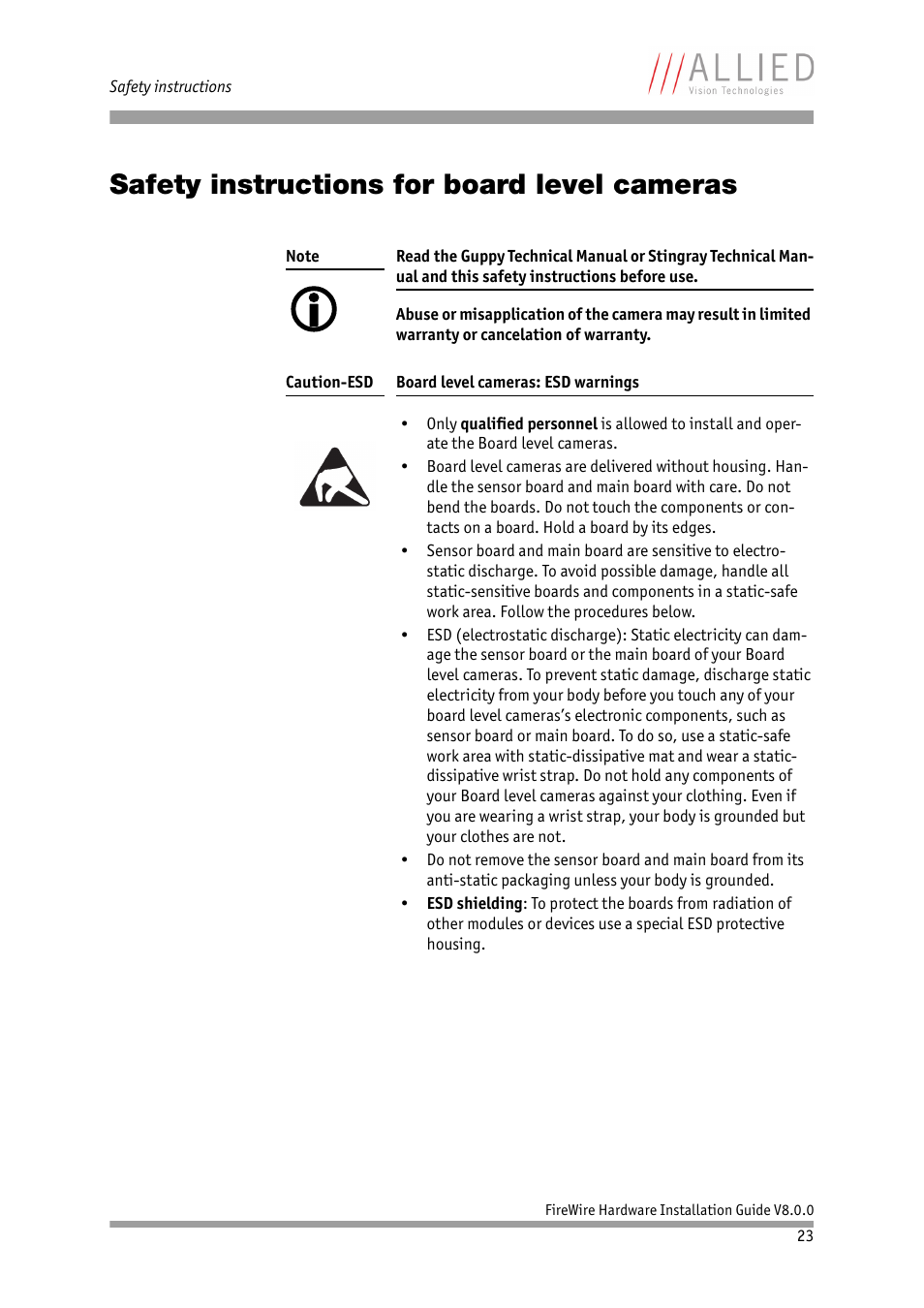 Safety instructions for board level cameras | ALLIED Vision Technologies Oscar F-810 User Manual | Page 23 / 90