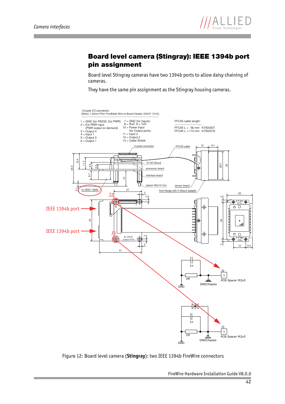 Wire connectors, S in, Figure 12: board level camera (stingray): two | Ieee 1394b firewire connectors, Camera interfaces, Firewire hardware installation guide v8.0.0 | ALLIED Vision Technologies Oscar F-810 User Manual | Page 42 / 90