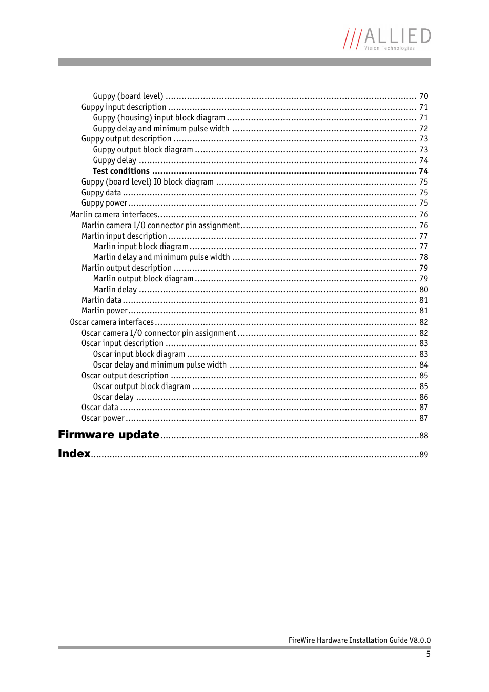 Firmware update, Index | ALLIED Vision Technologies Oscar F-810 User Manual | Page 5 / 90