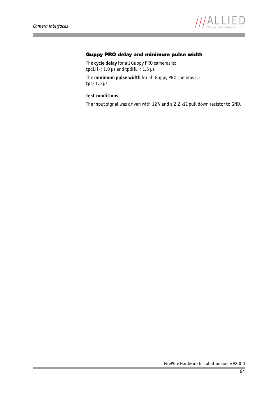 Guppy pro delay and minimum pulse width, Chapter | ALLIED Vision Technologies Oscar F-810 User Manual | Page 64 / 90