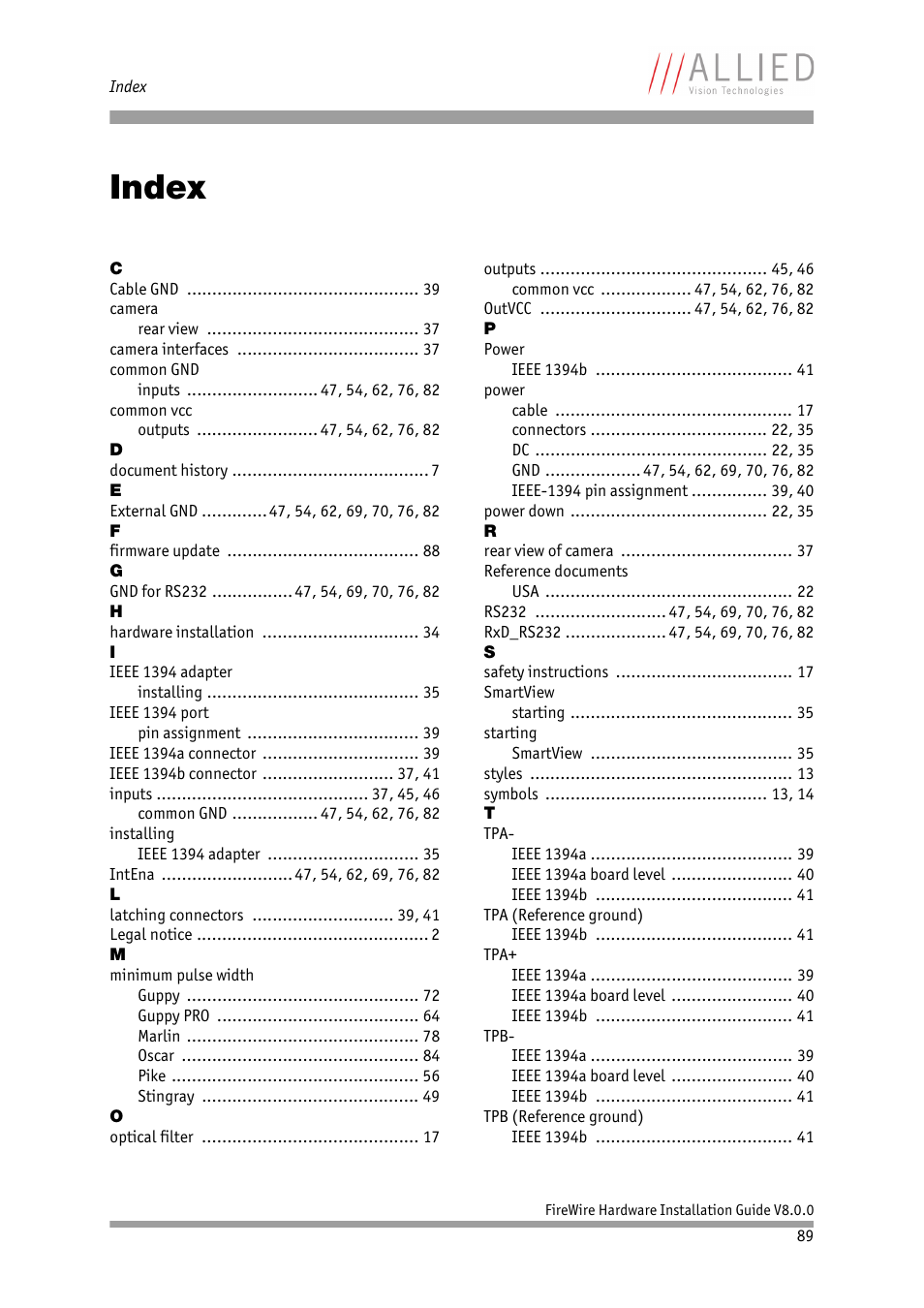 Index | ALLIED Vision Technologies Oscar F-810 User Manual | Page 89 / 90