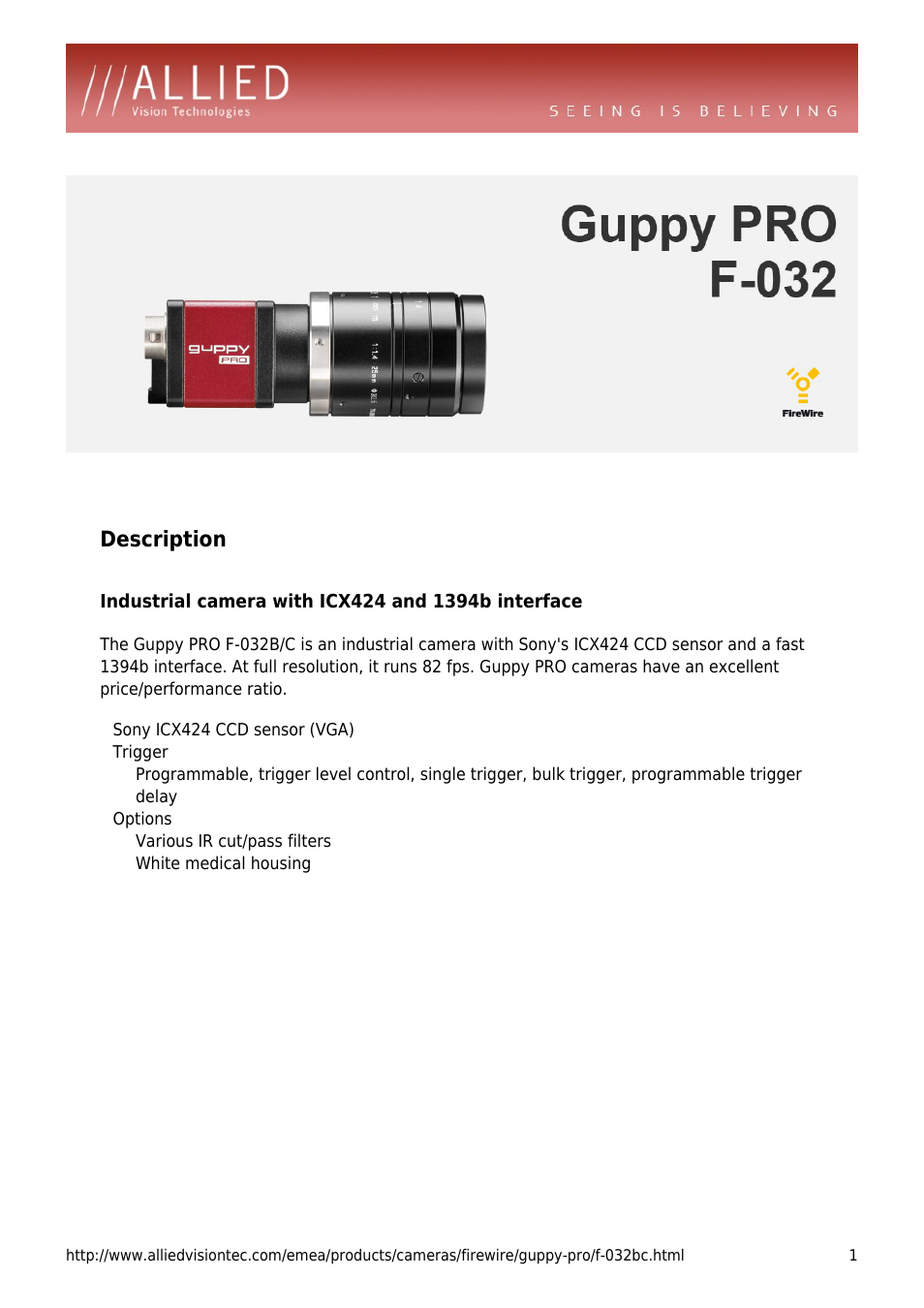 ALLIED Vision Technologies Guppy PRO F-032 User Manual | 4 pages