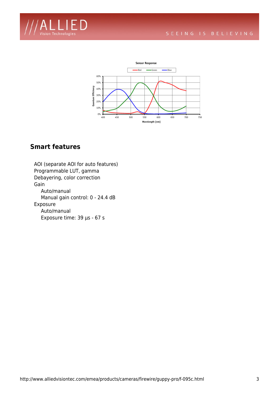 Smart features, Aoi (separate aoi for auto features), Programmable lut, gamma | Debayering, color correction, Gain, Auto/manual, Manual gain control: 0 - 24.4 db, Exposure, Exposure time: 39 µs - 67 s | ALLIED Vision Technologies Guppy PRO F-095 User Manual | Page 3 / 4