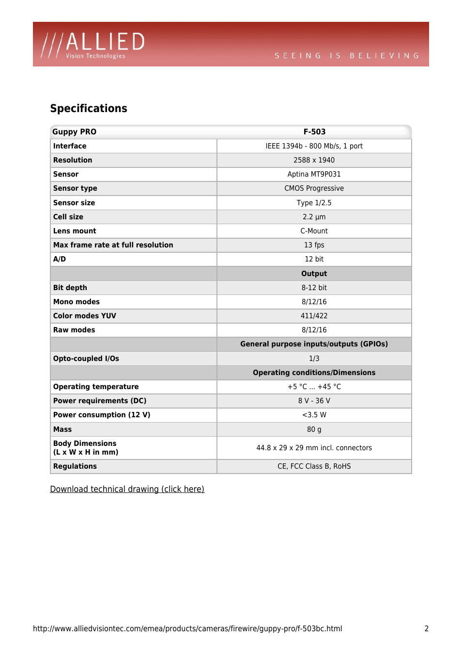 Specifications | ALLIED Vision Technologies Guppy PRO F-503 User Manual | Page 2 / 4