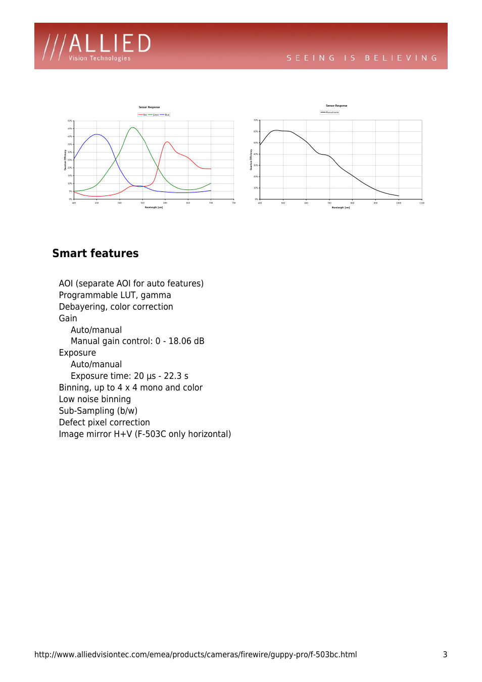 Smart features, Aoi (separate aoi for auto features), Programmable lut, gamma | Debayering, color correction, Gain, Auto/manual, Exposure, Binning, up to 4 x 4 mono and color, Low noise binning, Sub-sampling (b/w) | ALLIED Vision Technologies Guppy PRO F-503 User Manual | Page 3 / 4