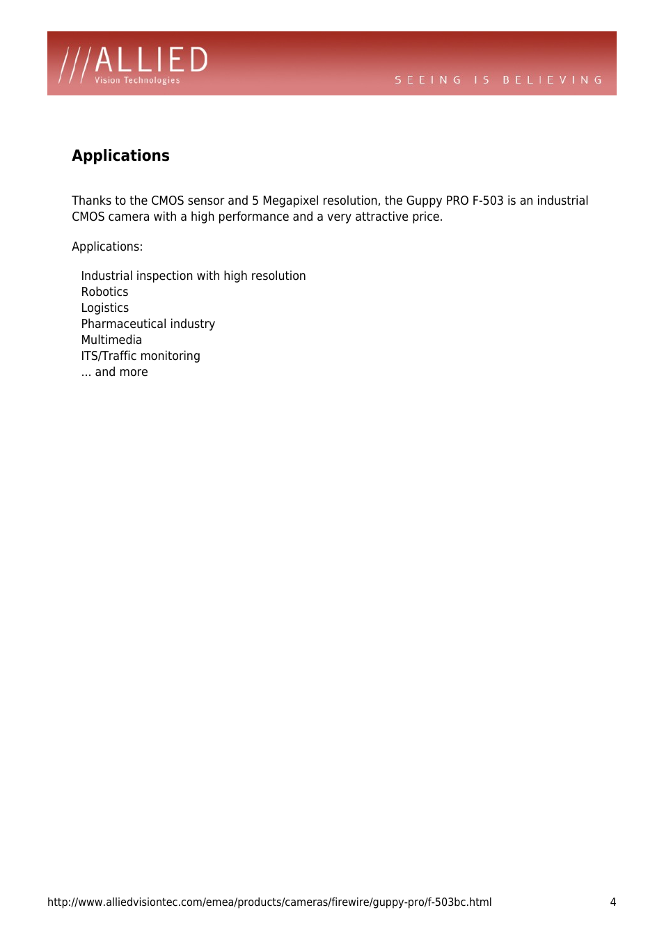 Applications, Robotics, Logistics | Pharmaceutical industry, Multimedia, Its/traffic monitoring, And more | ALLIED Vision Technologies Guppy PRO F-503 User Manual | Page 4 / 4