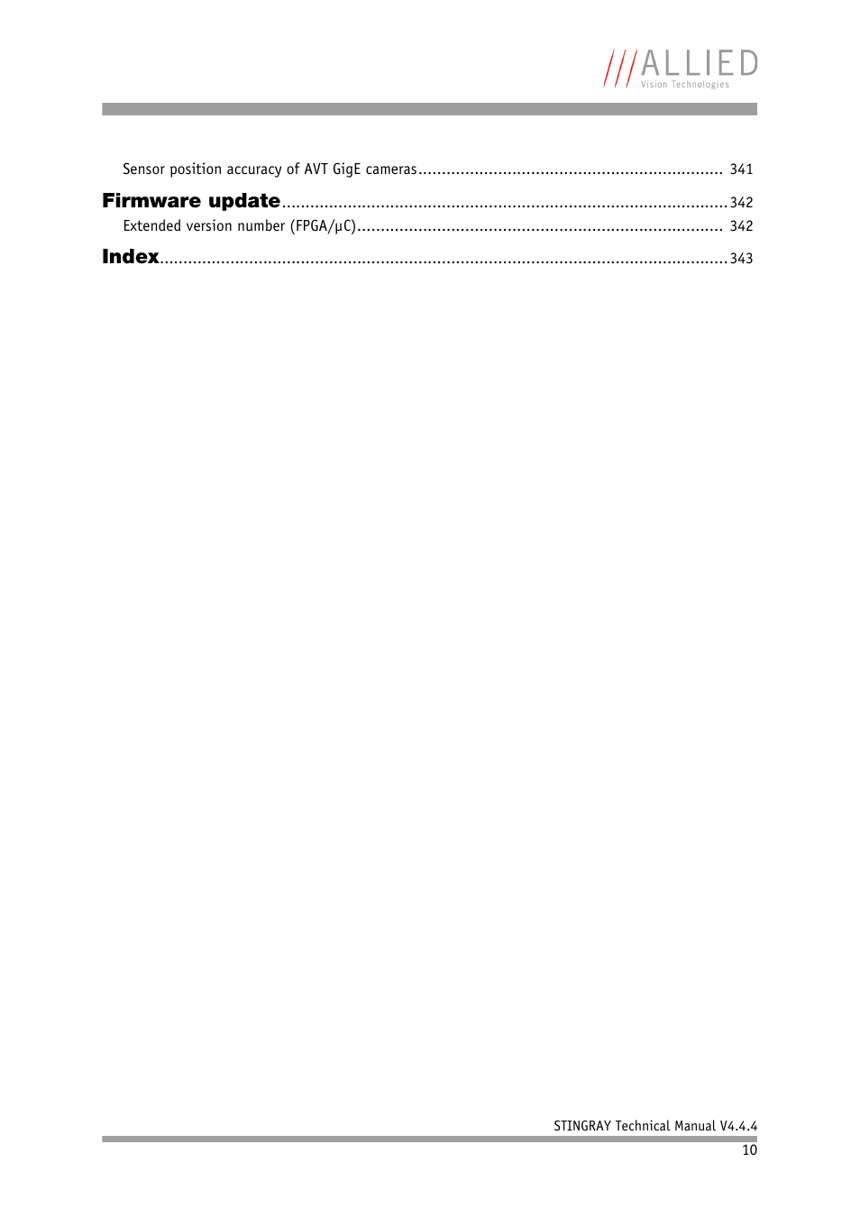 Firmware update, Index | ALLIED Vision Technologies Stingray F-504 User Manual | Page 10 / 355