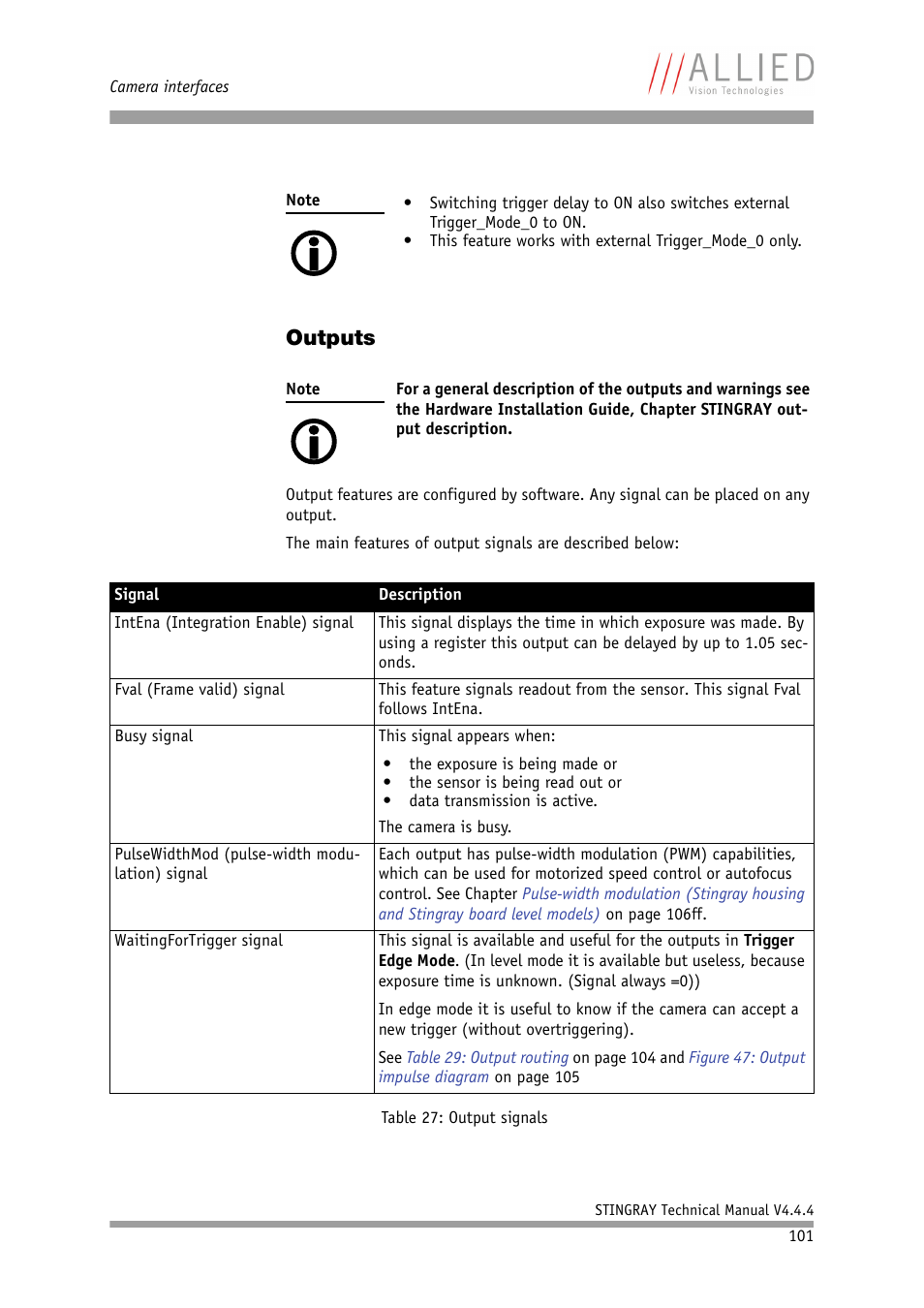 Outputs, Table 27: output signals | ALLIED Vision Technologies Stingray F-504 User Manual | Page 103 / 355