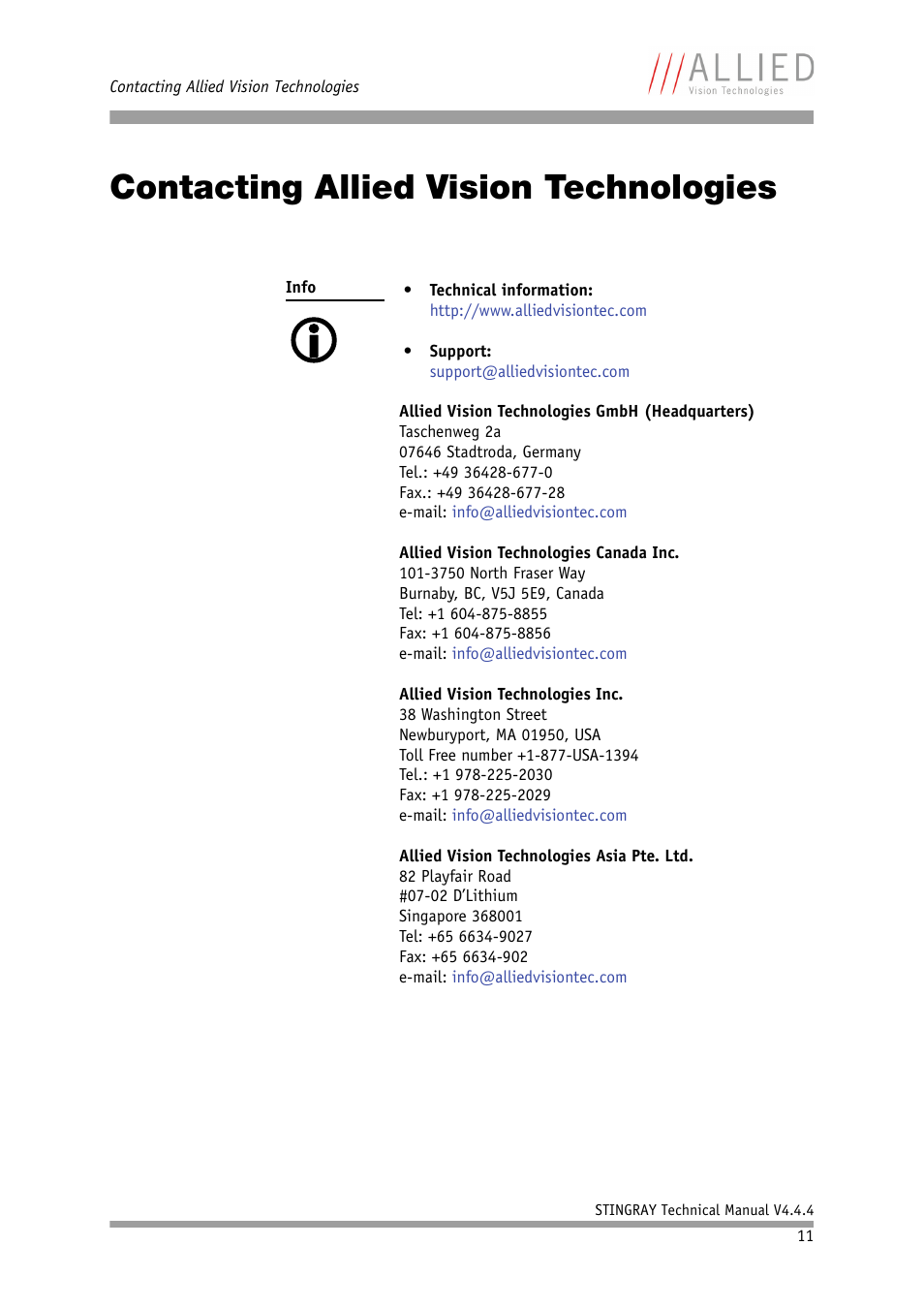 Contacting allied vision technologies | ALLIED Vision Technologies Stingray F-504 User Manual | Page 11 / 355