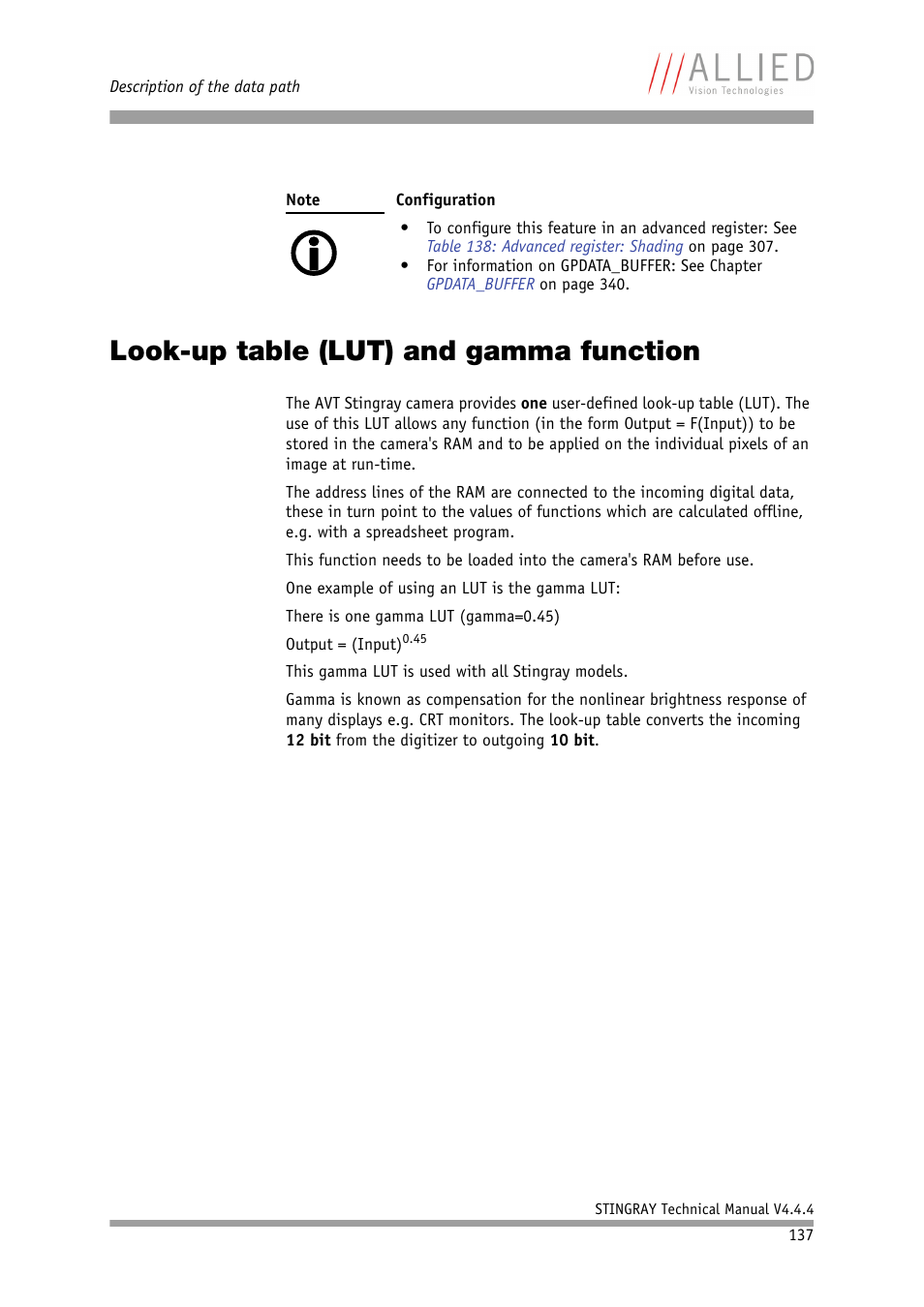 Look-up table (lut) and gamma function | ALLIED Vision Technologies Stingray F-504 User Manual | Page 139 / 355