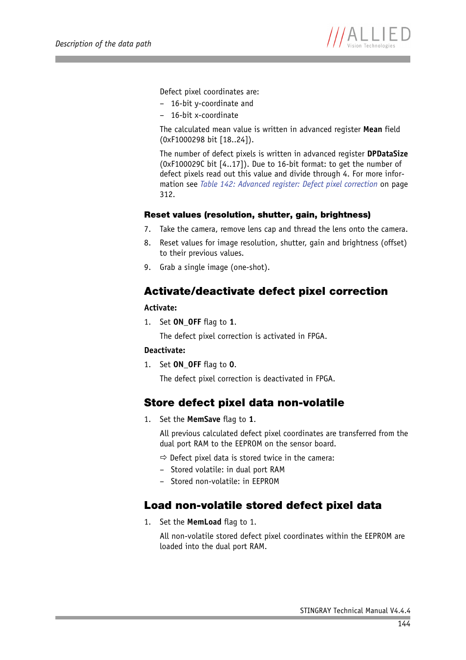 Activate/deactivate defect pixel correction, Store defect pixel data non-volatile, Load non-volatile stored defect pixel data | ALLIED Vision Technologies Stingray F-504 User Manual | Page 146 / 355