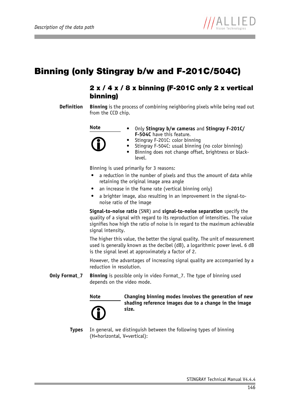 Binning (only stingray b/w and f-201c/504c), Chapter, 146ff | See chapter, Binning (only stingray b/w and f, 201c/504c) | ALLIED Vision Technologies Stingray F-504 User Manual | Page 148 / 355