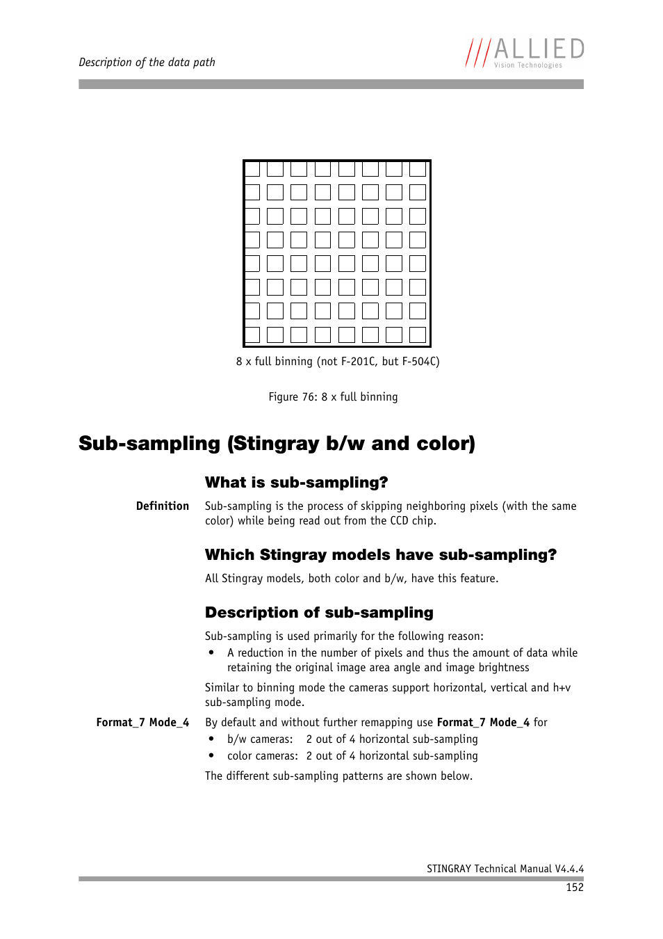 Sub-sampling (stingray b/w and color), What is sub-sampling, Which stingray models have sub-sampling | Description of sub-sampling, In chapter, Sub-sampling (sting, Ray b/w and color) | ALLIED Vision Technologies Stingray F-504 User Manual | Page 154 / 355