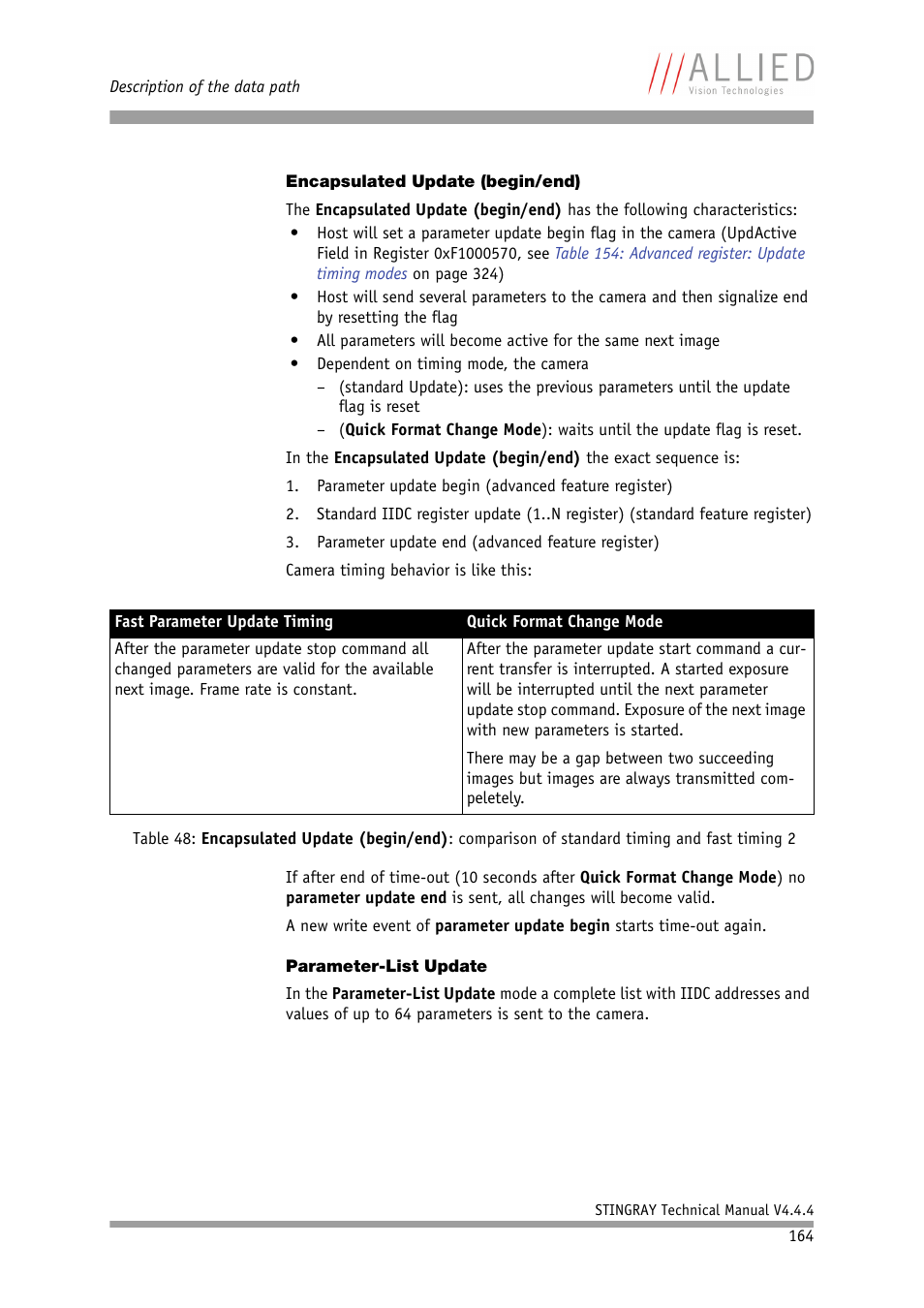 Encapsulated update (begin/end), Parameter-list update | ALLIED Vision Technologies Stingray F-504 User Manual | Page 166 / 355