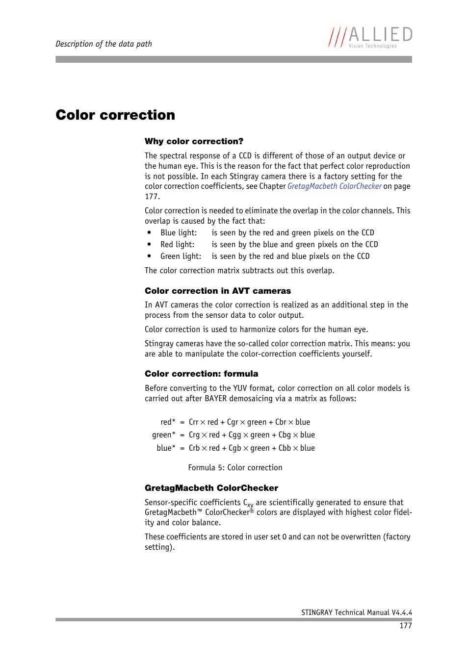Color correction, Why color correction, Color correction in avt cameras | Color correction: formula, Gretagmacbeth colorchecker | ALLIED Vision Technologies Stingray F-504 User Manual | Page 179 / 355