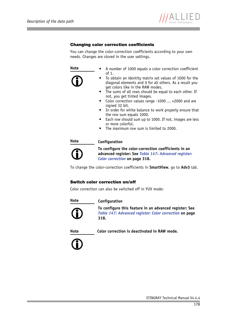 Changing color correction coefficients, Switch color correction on/off | ALLIED Vision Technologies Stingray F-504 User Manual | Page 180 / 355