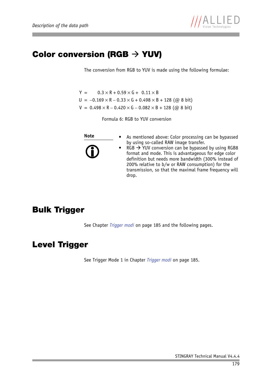 Color conversion (rgb à yuv), Bulk trigger, Level trigger | Color conversion (rgb, Bulk trigger level trigger, Color conversion (rgb  yuv) | ALLIED Vision Technologies Stingray F-504 User Manual | Page 181 / 355