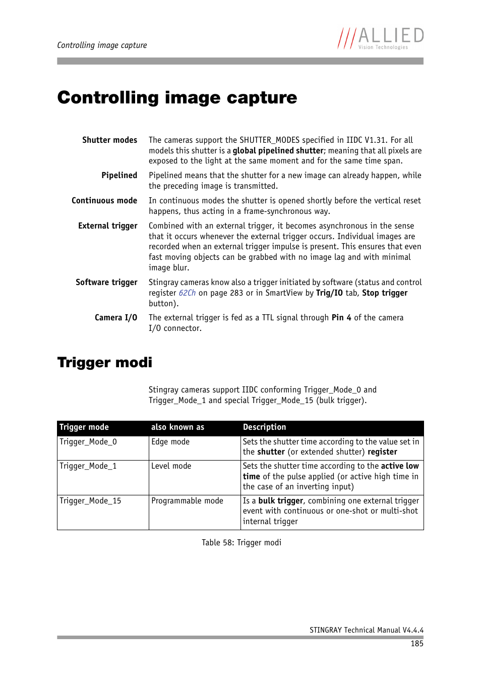 Controlling image capture, Trigger modi, Chapter | E chapter, E trigger mode 1 in chapter | ALLIED Vision Technologies Stingray F-504 User Manual | Page 187 / 355