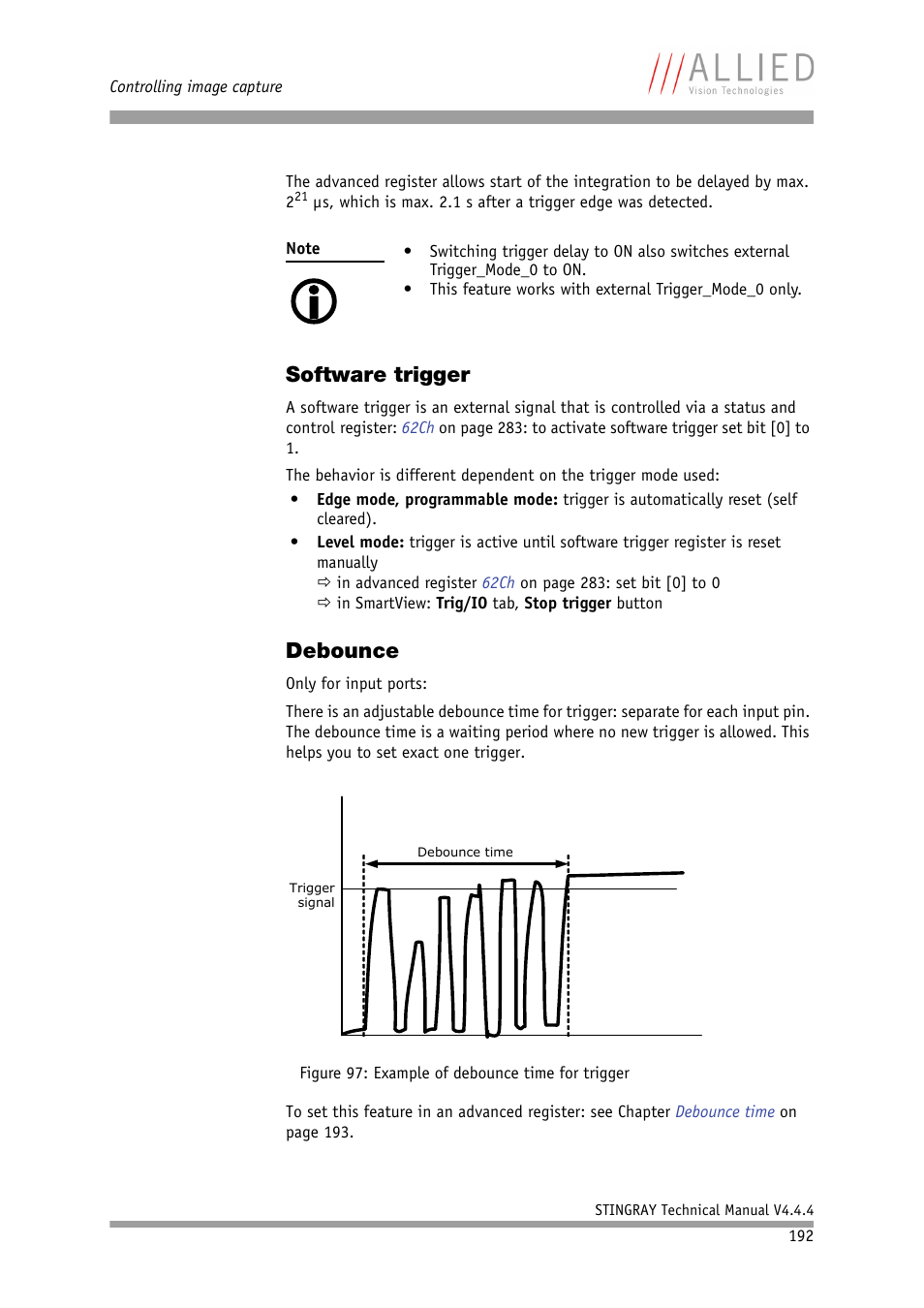 Software trigger, Debounce, Software trigger debounce | Chapter | ALLIED Vision Technologies Stingray F-504 User Manual | Page 194 / 355