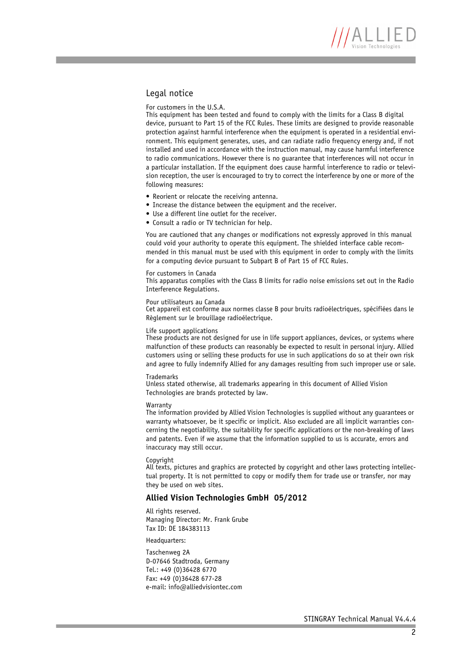 Legal notice | ALLIED Vision Technologies Stingray F-504 User Manual | Page 2 / 355