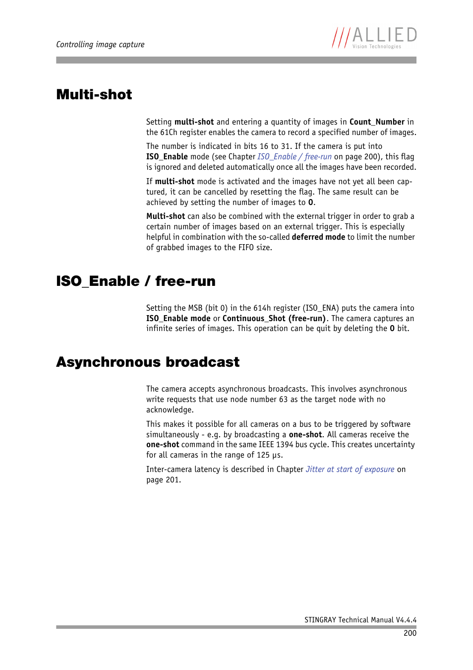 Multi-shot, Iso_enable / free-run, Asynchronous broadcast | Chapter, Iso_enable / free | ALLIED Vision Technologies Stingray F-504 User Manual | Page 202 / 355