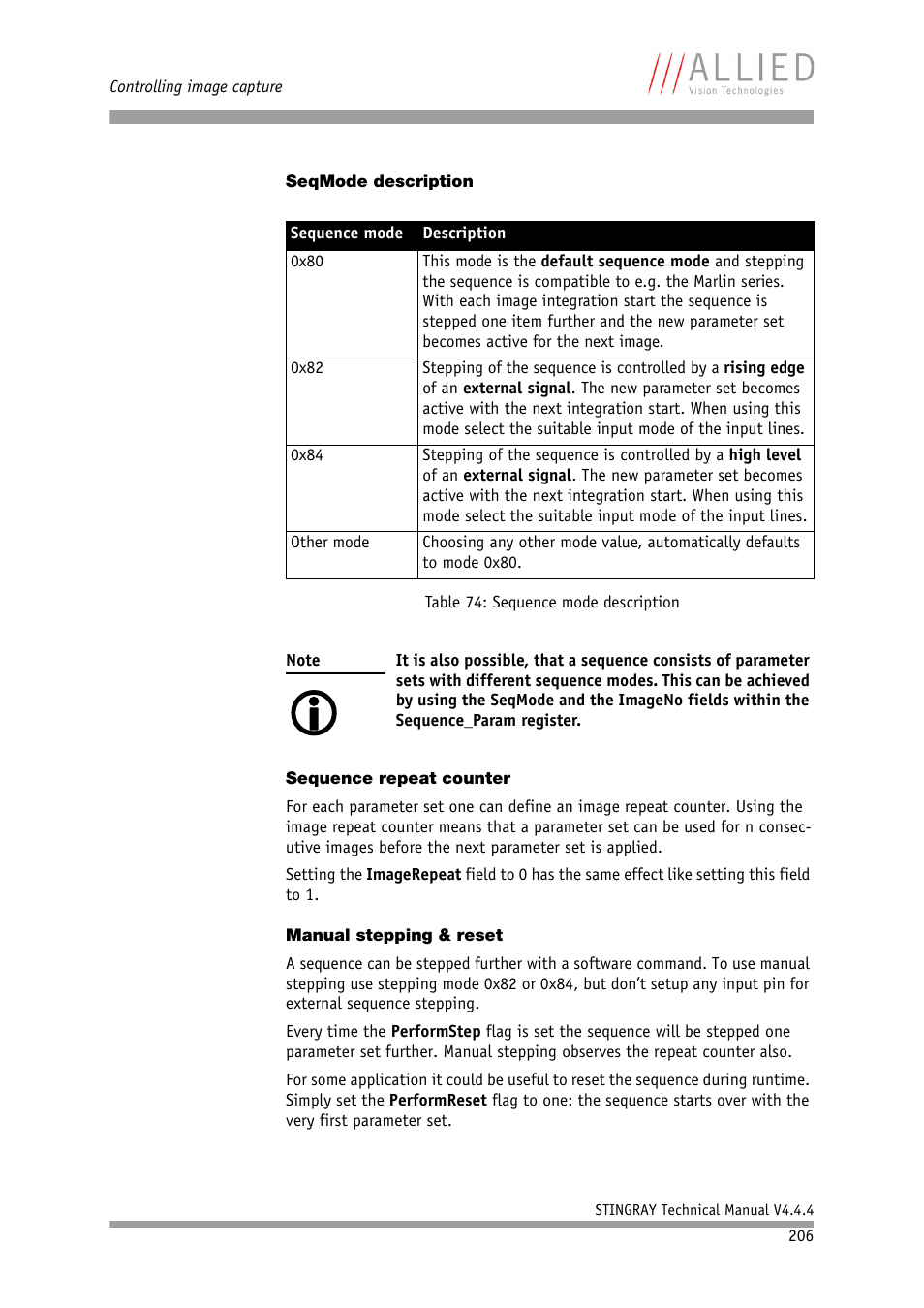 Seqmode description, Sequence repeat counter, Manual stepping & reset | ALLIED Vision Technologies Stingray F-504 User Manual | Page 208 / 355