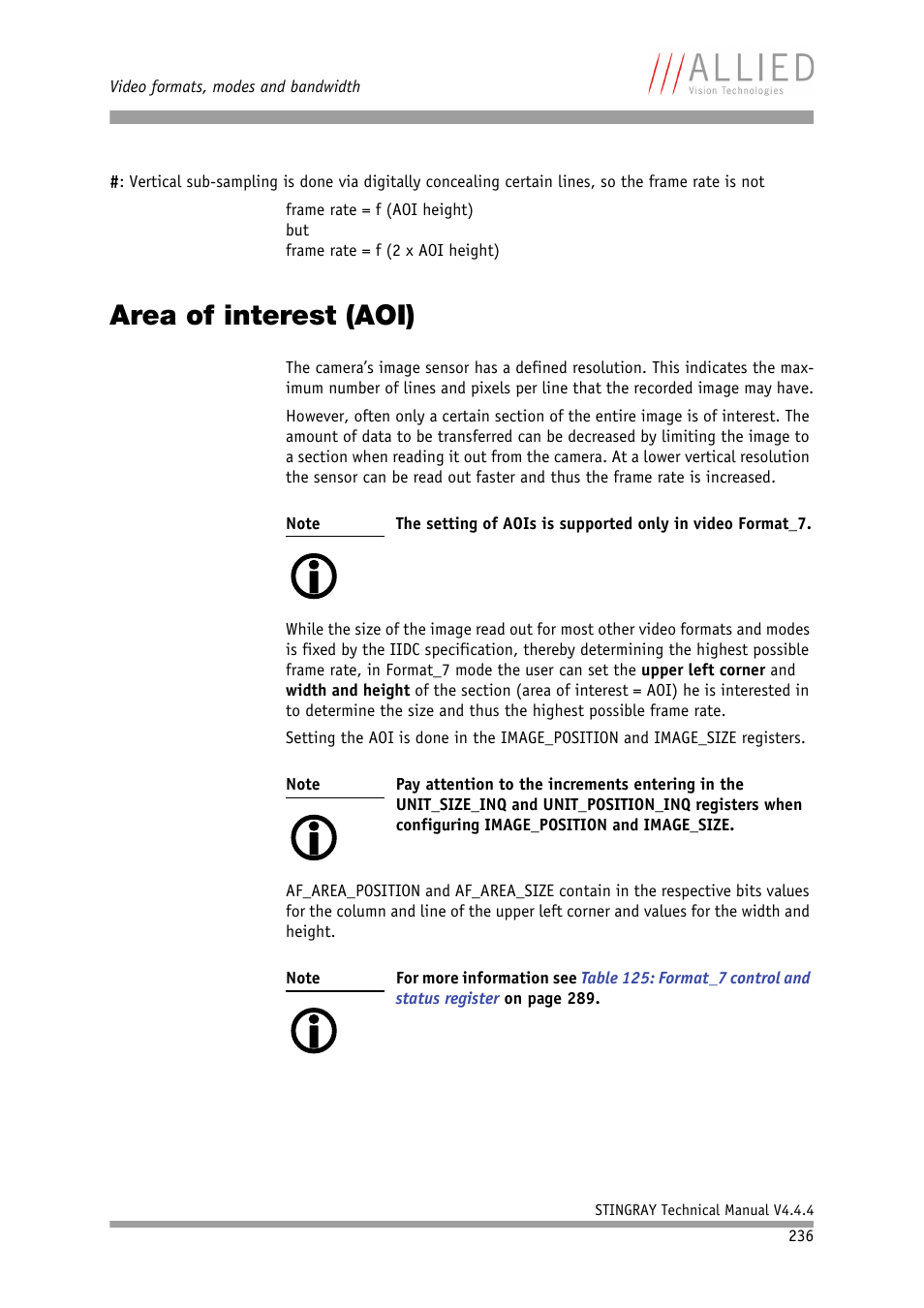 Area of interest (aoi) | ALLIED Vision Technologies Stingray F-504 User Manual | Page 238 / 355