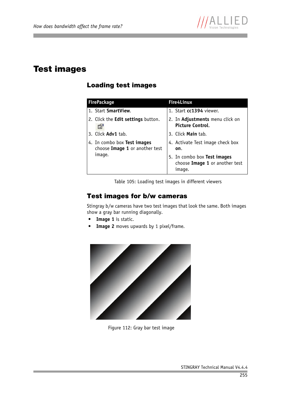 Test images, Loading test images, Test images for b/w cameras | Loading test images test images for b/w cameras | ALLIED Vision Technologies Stingray F-504 User Manual | Page 257 / 355