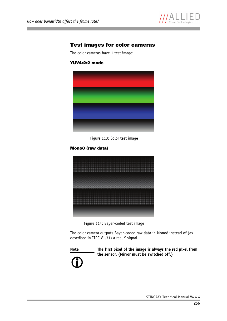 Test images for color cameras, Yuv4:2:2 mode, Mono8 (raw data) | Yuv4:2:2 mode mono8 (raw data) | ALLIED Vision Technologies Stingray F-504 User Manual | Page 258 / 355