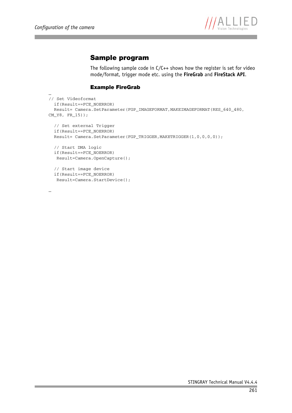 Sample program, Example firegrab | ALLIED Vision Technologies Stingray F-504 User Manual | Page 263 / 355