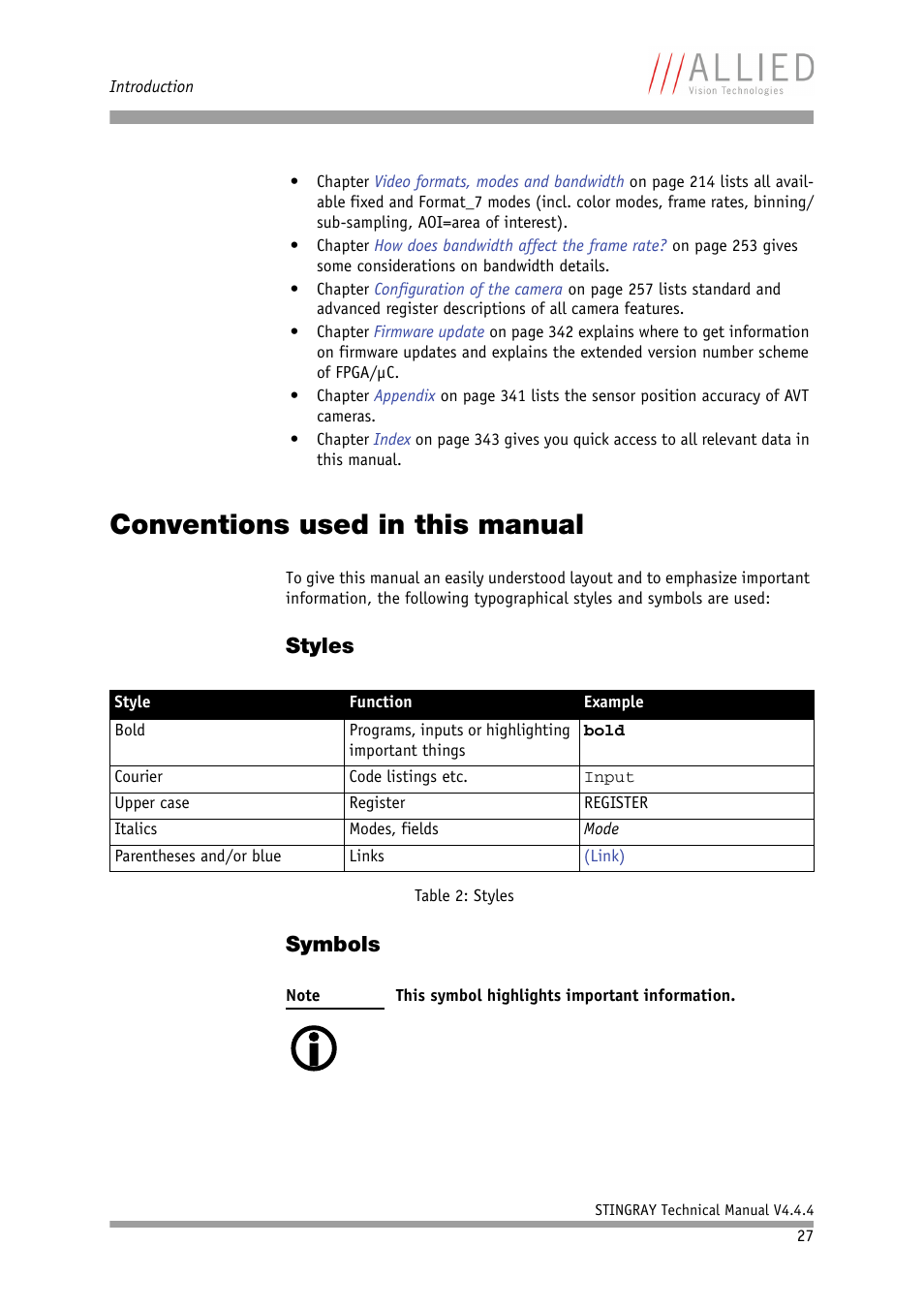 Conventions used in this manual, Styles, Symbols | Styles symbols | ALLIED Vision Technologies Stingray F-504 User Manual | Page 27 / 355