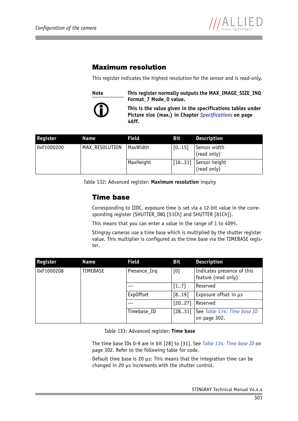 Maximum resolution, Time base, Ee chapter | Table 132: advanced register: maximum res, Olution inquiry, Table 133: advanced register: time base | ALLIED Vision Technologies Stingray F-504 User Manual | Page 303 / 355
