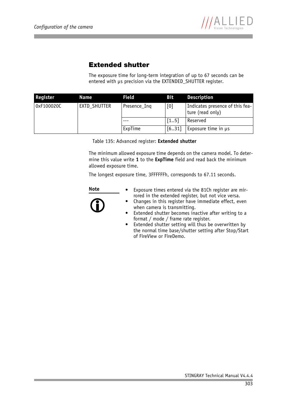 Extended shutter, Table 135: advanced register: extended, Shutter | ALLIED Vision Technologies Stingray F-504 User Manual | Page 305 / 355
