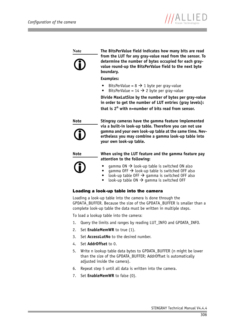 Loading a look-up table into the camera, Note | ALLIED Vision Technologies Stingray F-504 User Manual | Page 308 / 355