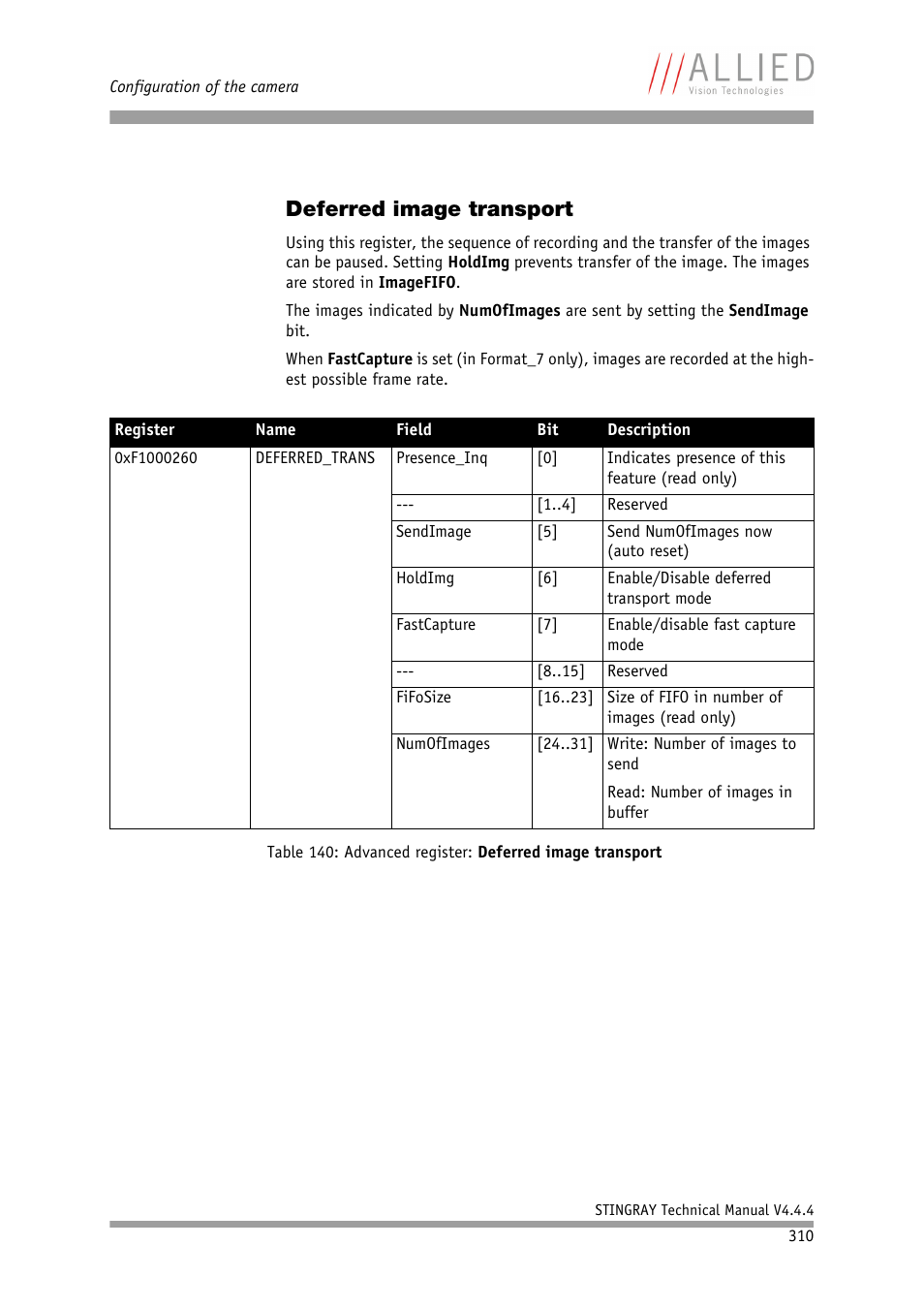 Deferred image transport, Table 140: advanced register: deferred, Image transport | ALLIED Vision Technologies Stingray F-504 User Manual | Page 312 / 355