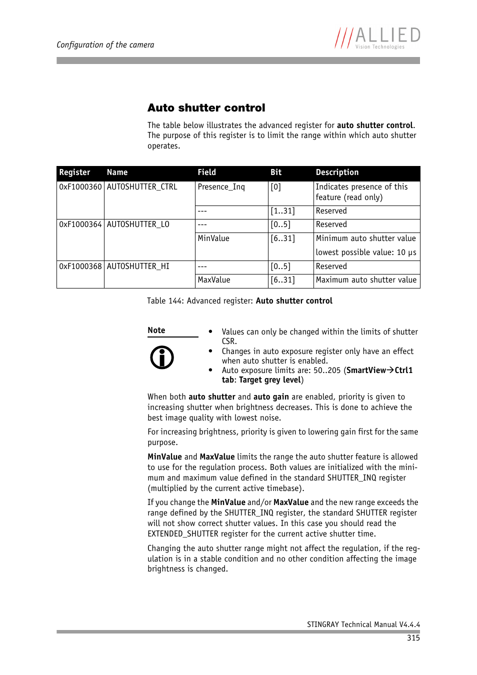 Auto shutter control, Table 144: advanced register: auto shutter, Control | ALLIED Vision Technologies Stingray F-504 User Manual | Page 317 / 355