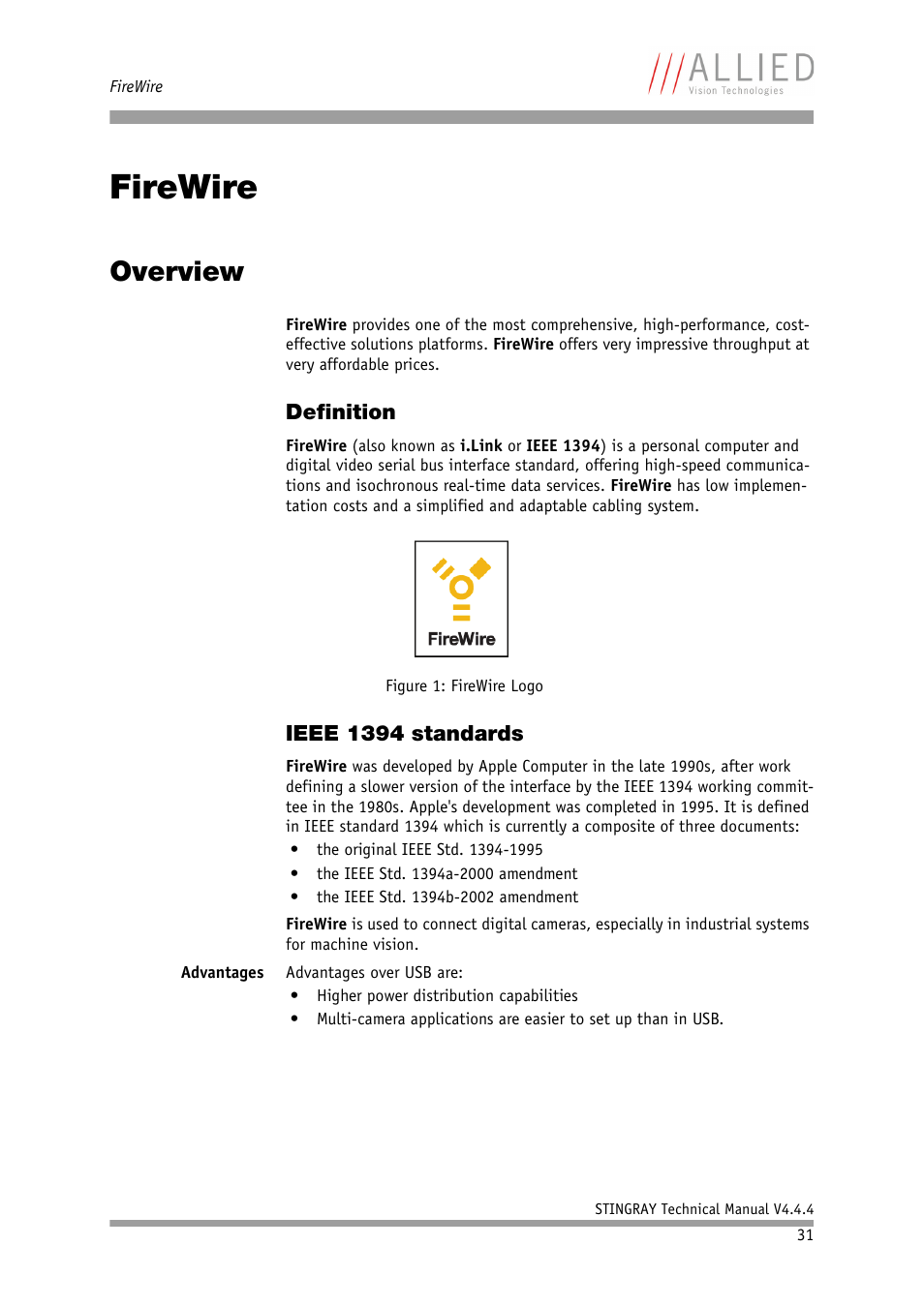 Firewire, Overview, Definition | Ieee 1394 standards, Definition ieee 1394 standards, Chapter, Wire read chapter | ALLIED Vision Technologies Stingray F-504 User Manual | Page 32 / 355