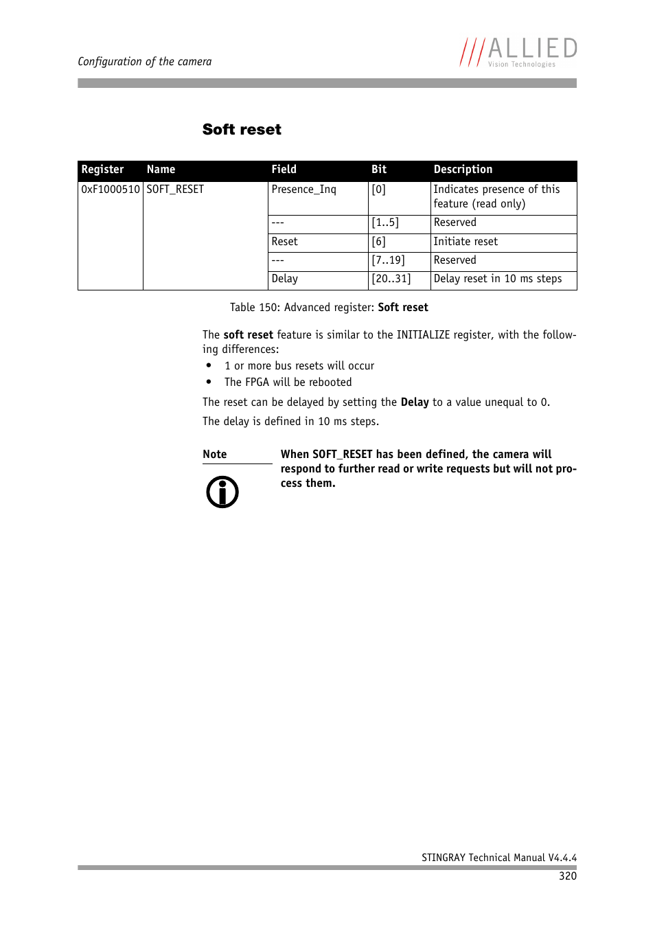 Soft reset, Table 150: advanced register: soft reset | ALLIED Vision Technologies Stingray F-504 User Manual | Page 322 / 355