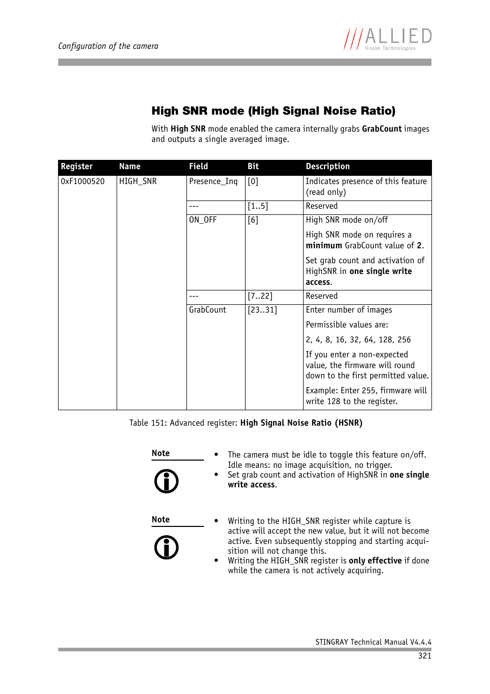 High snr mode (high signal noise ratio), N, see chapter, High snr mode (high sig | Nal noise ratio), Table 151: advanced register: high sig, Nal noise ratio (hsnr), Chapter, Table 151: advanced register: high signal, Noise ratio (hsnr) | ALLIED Vision Technologies Stingray F-504 User Manual | Page 323 / 355