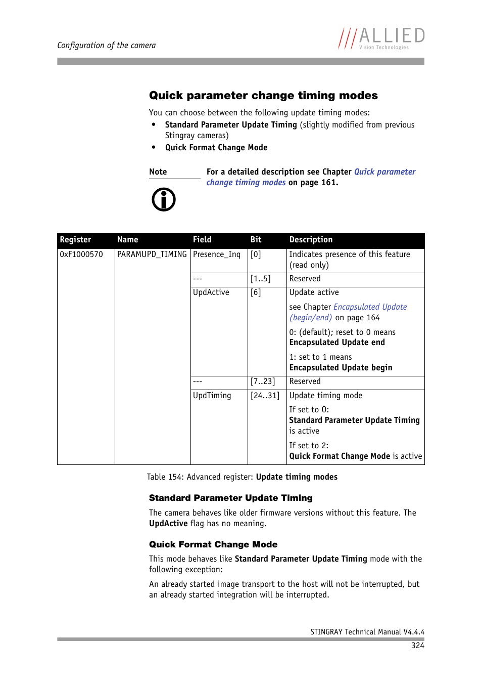 Quick parameter change timing modes, Standard parameter update timing, Quick format change mode | Table 154: advanced register: update timing, Modes | ALLIED Vision Technologies Stingray F-504 User Manual | Page 326 / 355