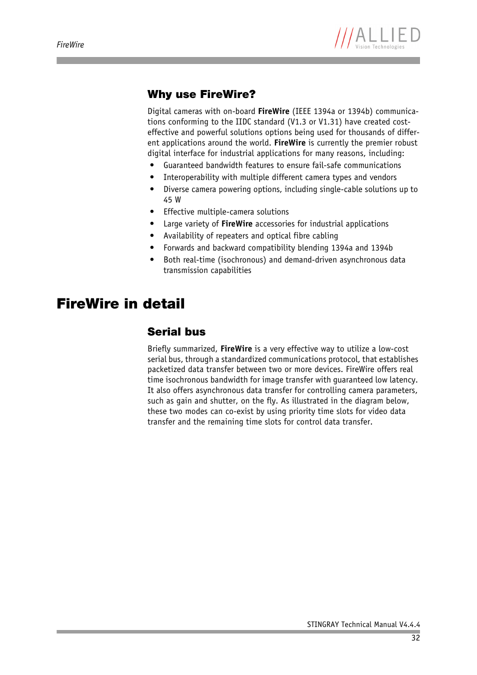 Why use firewire, Firewire in detail, Serial bus | ALLIED Vision Technologies Stingray F-504 User Manual | Page 33 / 355