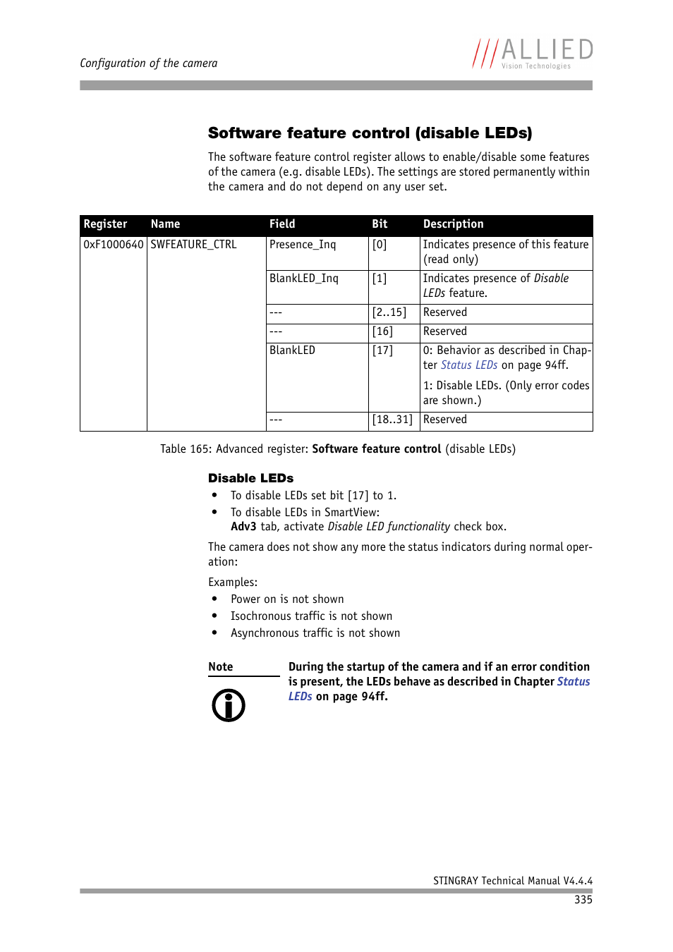 Software feature control (disable leds), Disable leds, Chapter | 1, see, Table 165: advanced register, Table 165: advanced register: software fea, Ture control (disable leds) | ALLIED Vision Technologies Stingray F-504 User Manual | Page 337 / 355