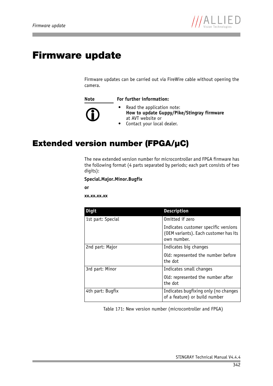 Firmware update, Extended version number (fpga/µc), Chapter | ALLIED Vision Technologies Stingray F-504 User Manual | Page 344 / 355