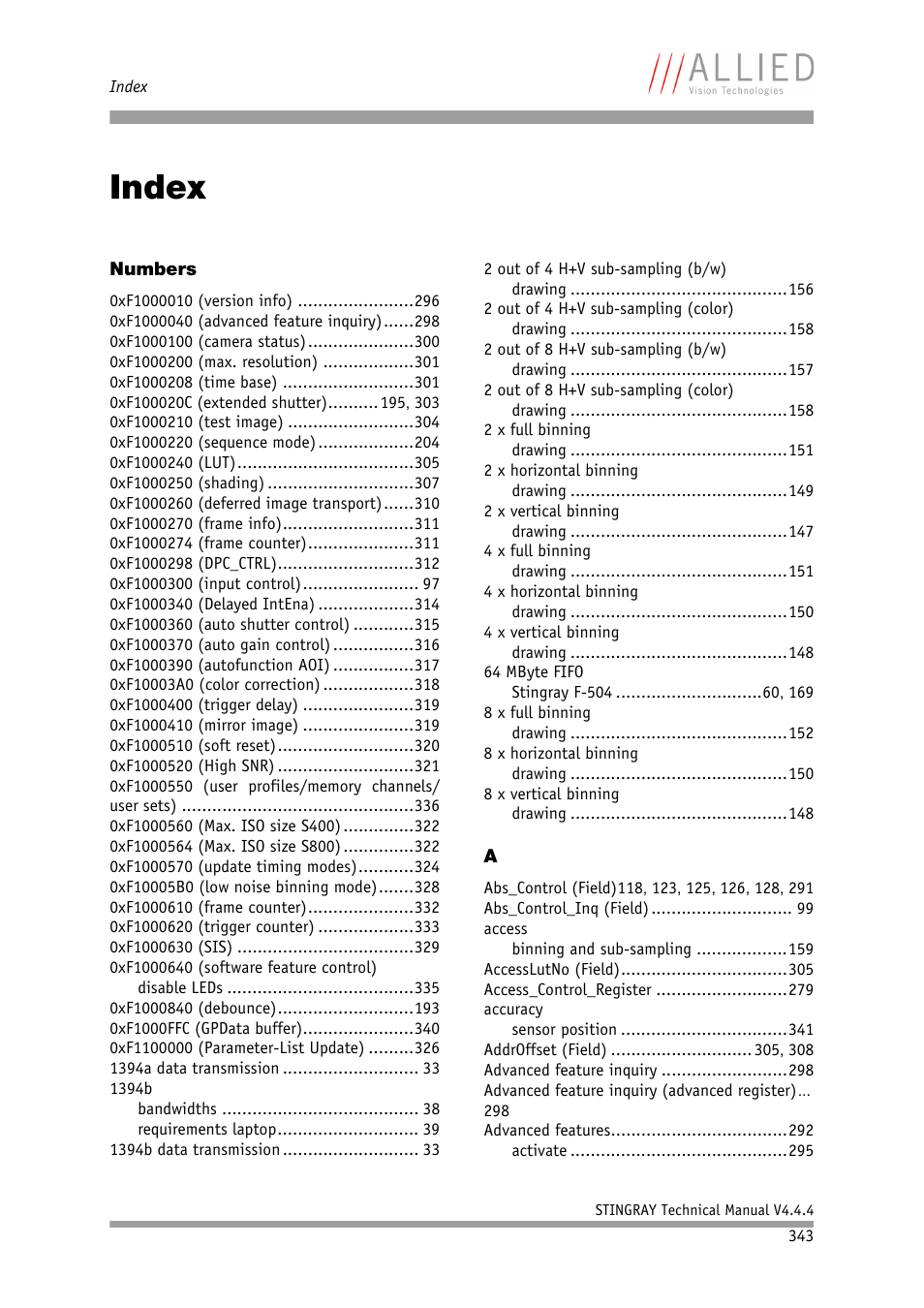 Index, Chapter | ALLIED Vision Technologies Stingray F-504 User Manual | Page 345 / 355
