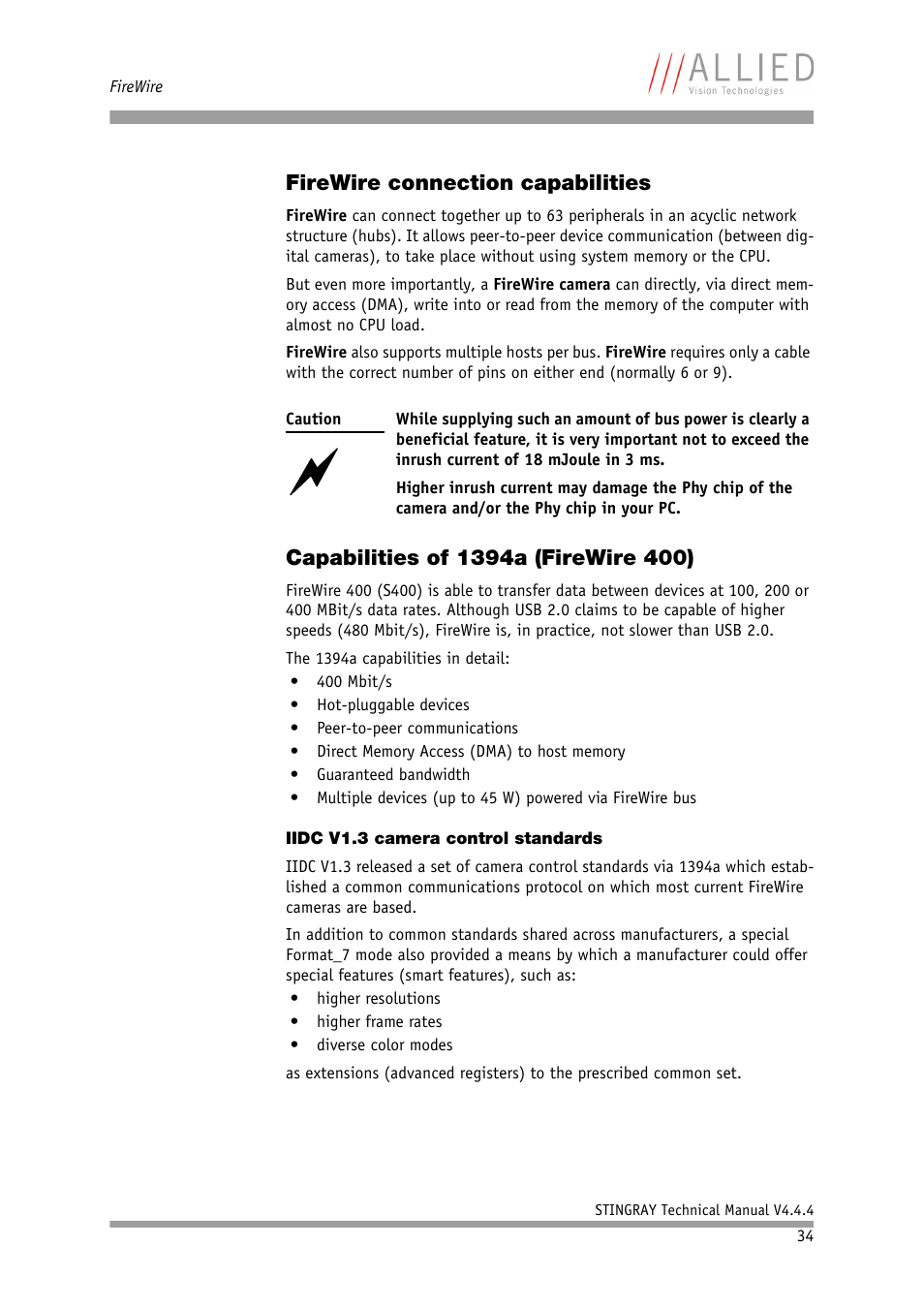 Firewire connection capabilities, Capabilities of 1394a (firewire 400), Iidc v1.3 camera control standards | ALLIED Vision Technologies Stingray F-504 User Manual | Page 35 / 355