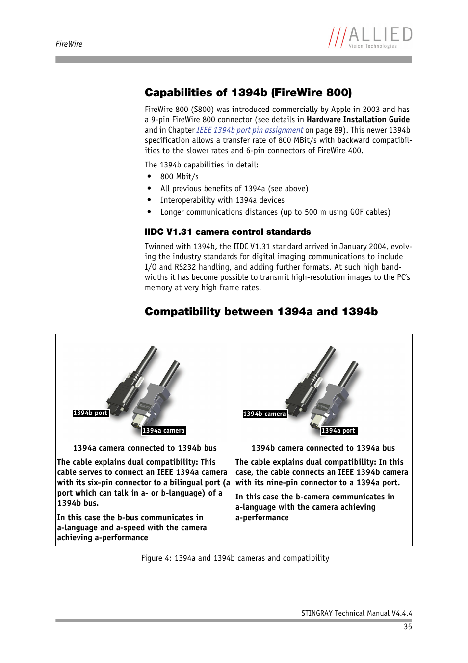 Capabilities of 1394b (firewire 800), Iidc v1.31 camera control standards, Compatibility between 1394a and 1394b | ALLIED Vision Technologies Stingray F-504 User Manual | Page 36 / 355