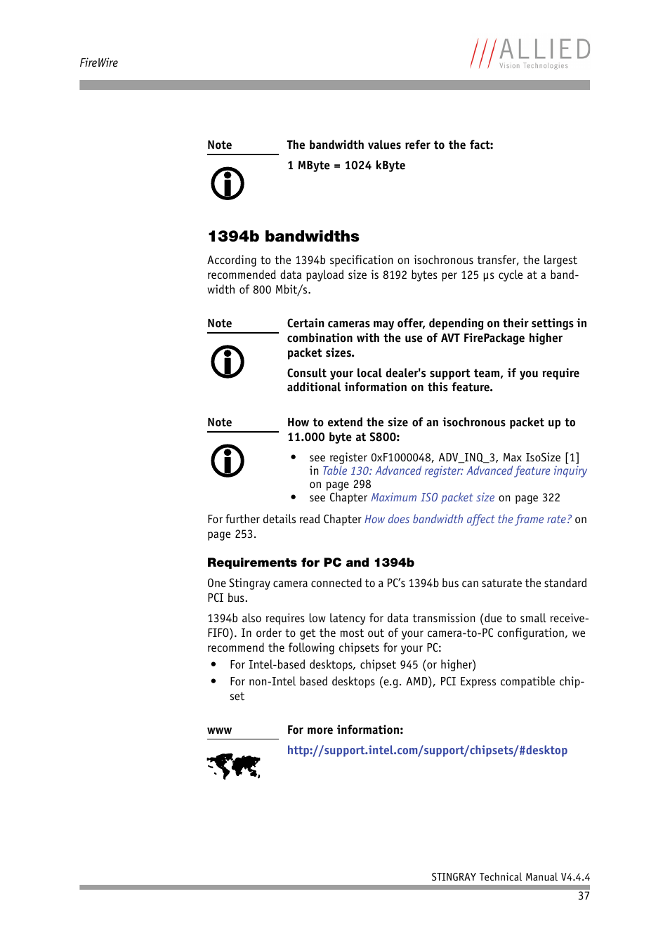 1394b bandwidths, Requirements for pc and 1394b | ALLIED Vision Technologies Stingray F-504 User Manual | Page 38 / 355