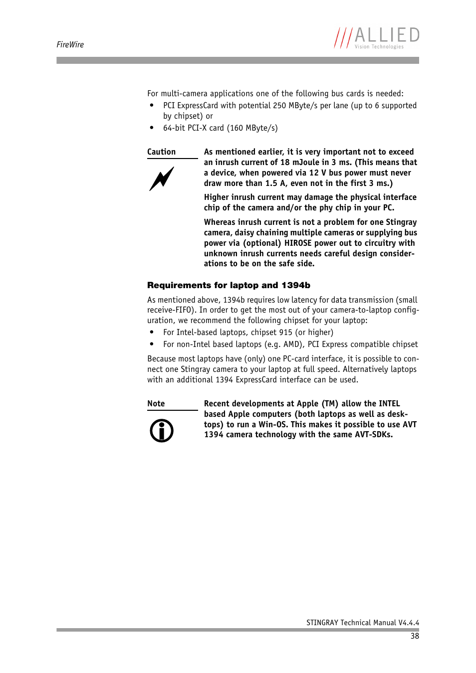 Requirements for laptop and 1394b | ALLIED Vision Technologies Stingray F-504 User Manual | Page 39 / 355