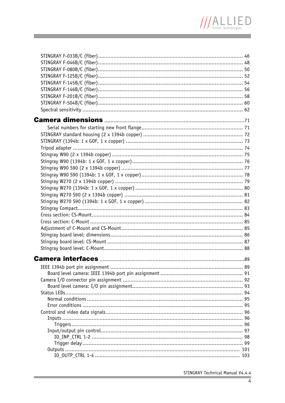 Camera dimensions, Camera interfaces | ALLIED Vision Technologies Stingray F-504 User Manual | Page 4 / 355